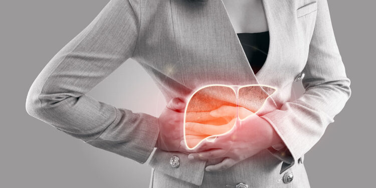 illustration-of-liver-on-woman-s-body-against-gray-background-hepatitis-concept-with-healthcare-and-medicine