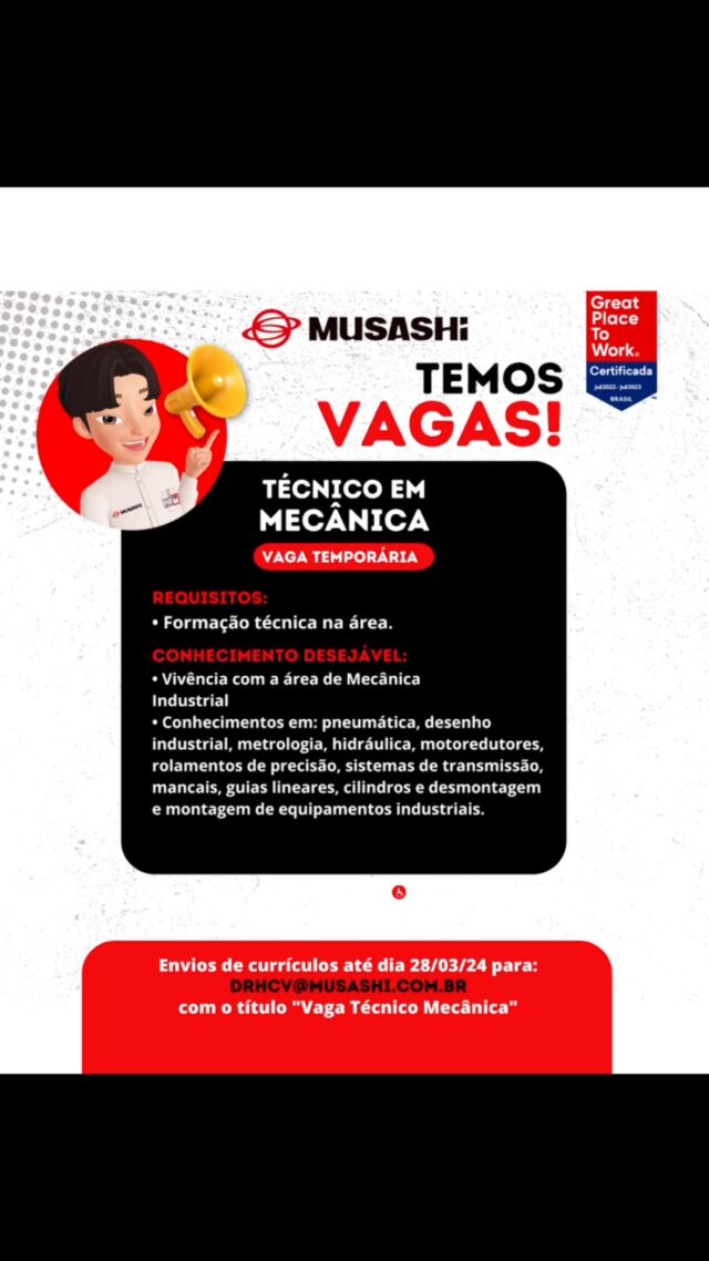 📢 Vaga Temporária – Técnico em Mecânica 🛠️
 
Estamos com uma oportunidade para Técnico em Mecânica (temporário)! Se você tem experiência na área e deseja fazer parte de uma equipe dinâmica, essa pode ser sua chance!
 
📩 Envie seu currículo para 

DRHCV@MUSASHI.COM.BR

Nos ajude a compartilhar essa oportunidade! 🚀🔧 

#VagaTemporária #TécnicoEmMecânica #Oportunidade #compartilhe